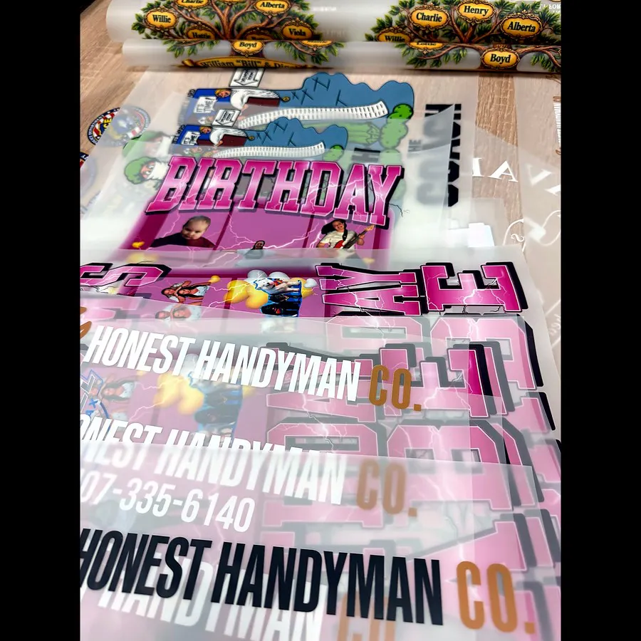 DTF transfers printed and laid out ready to press in our Orlando shop