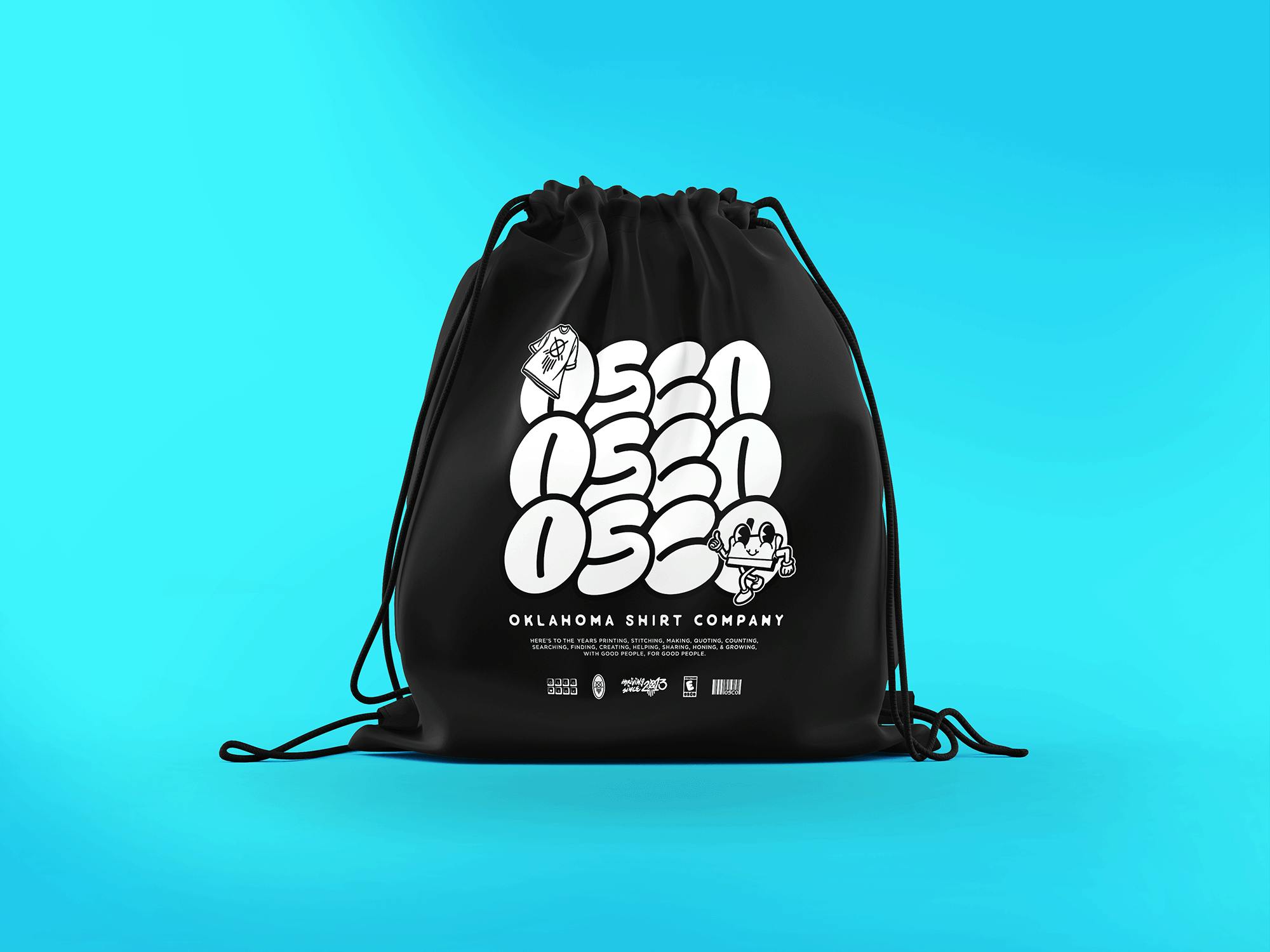 Black drawstring backpack with OSCO repeated down the front for Oklahoma Shirt Company branding