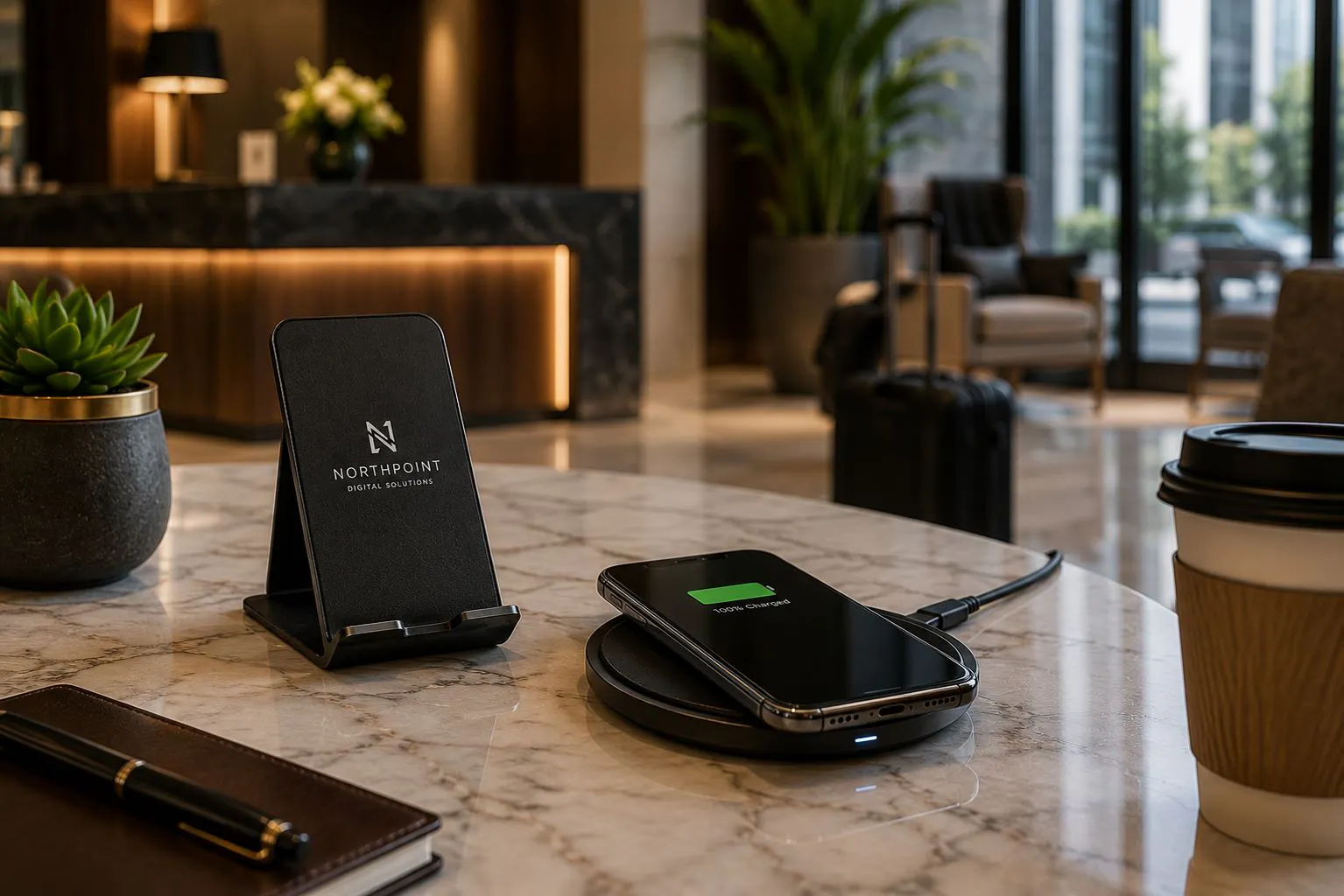 Custom phone accessories displayed on a marble table in a modern hotel lobby