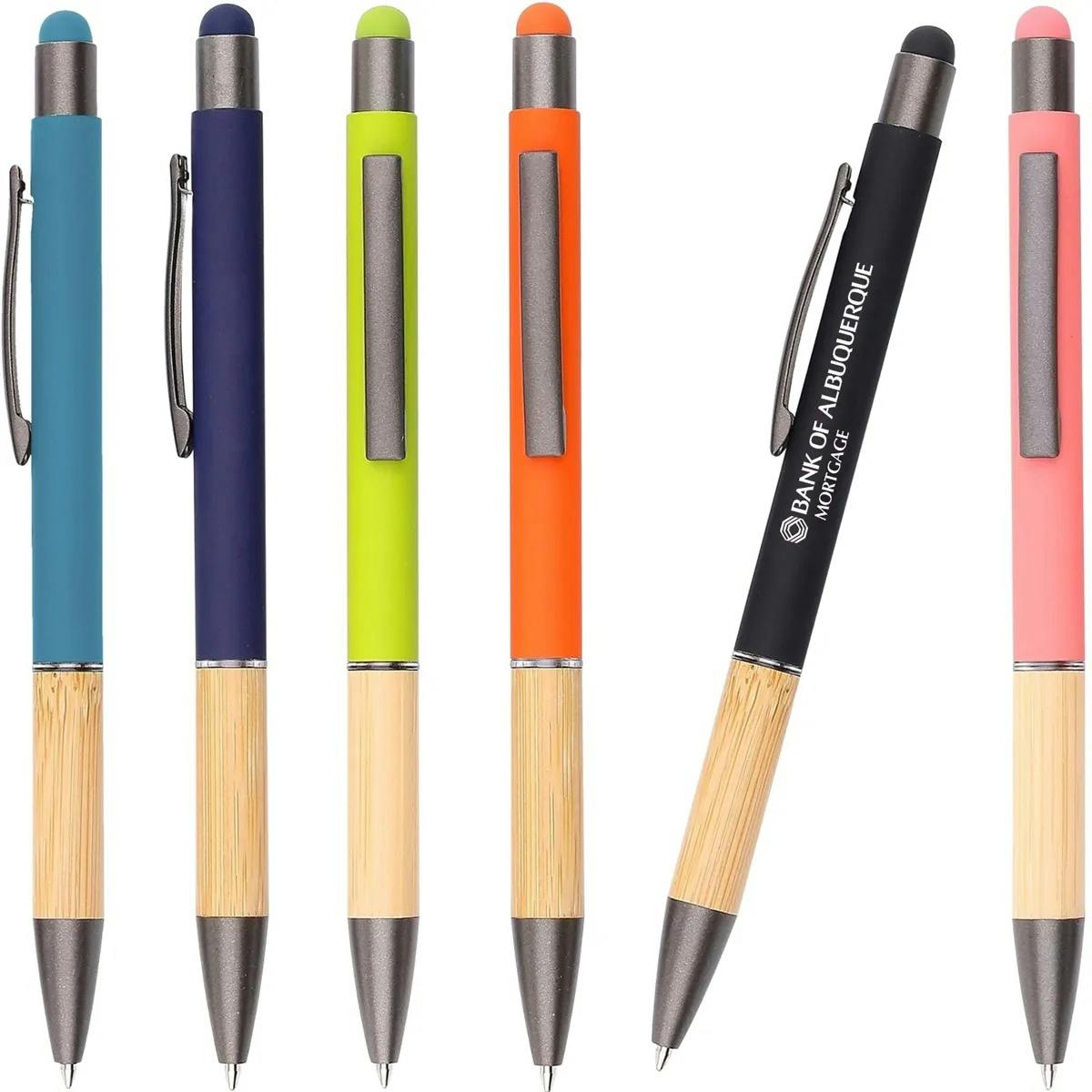 Colored pens with bamboo wood base and custom logo