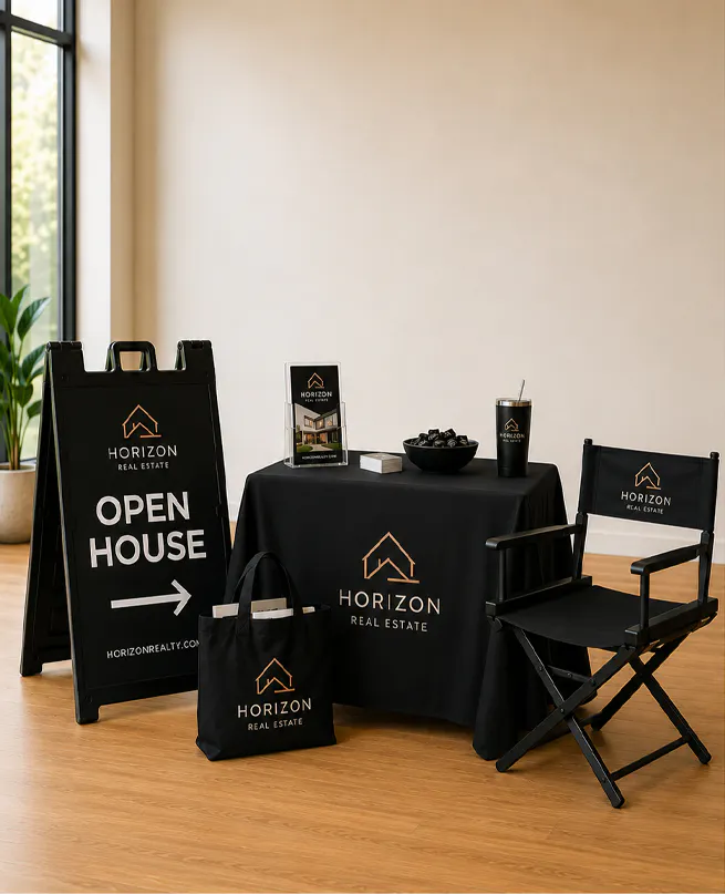 a realtor open house sign table cloth and chair