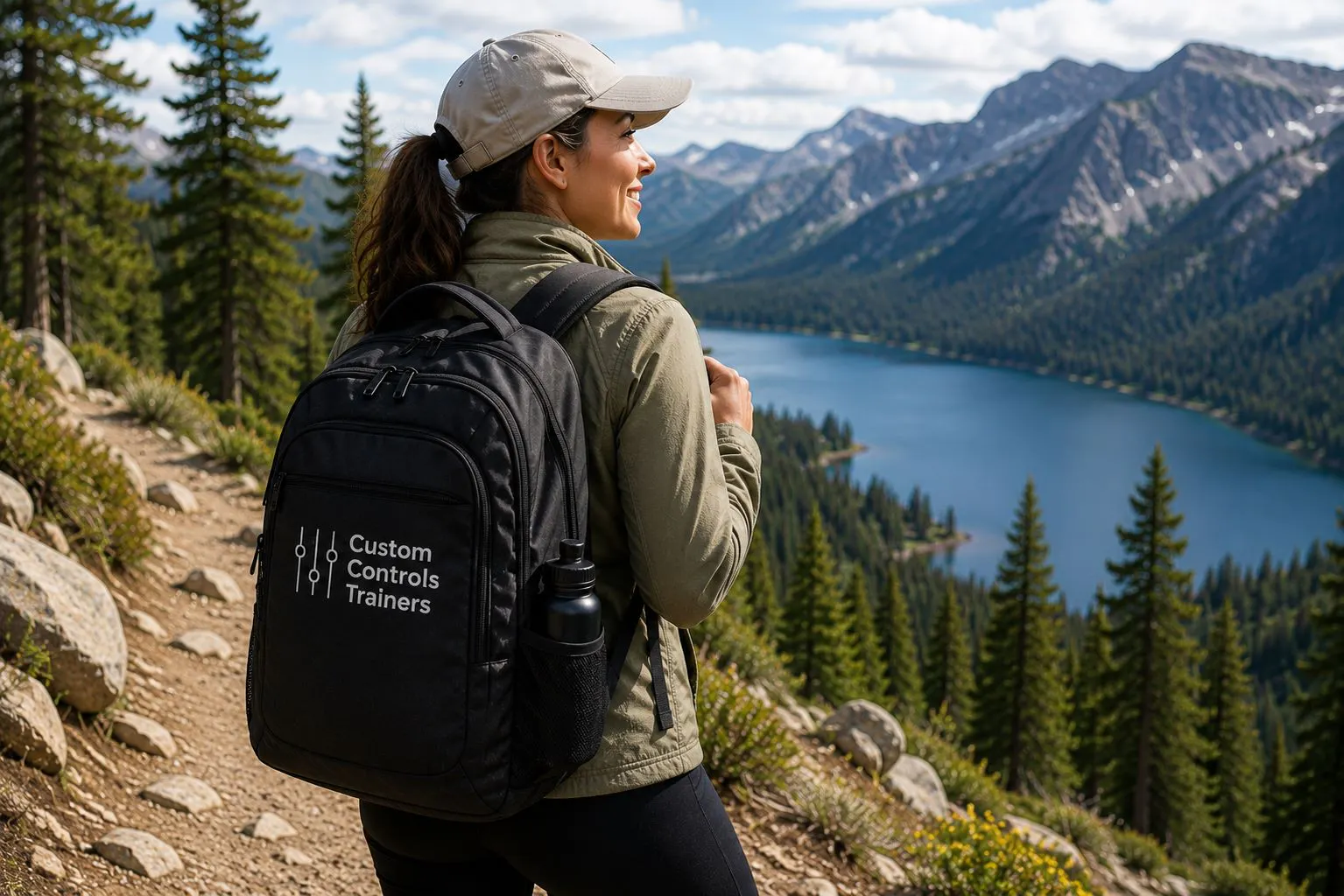 Hiker wearing a custom branded backpack on a mountain trail overlooking a scenic lake