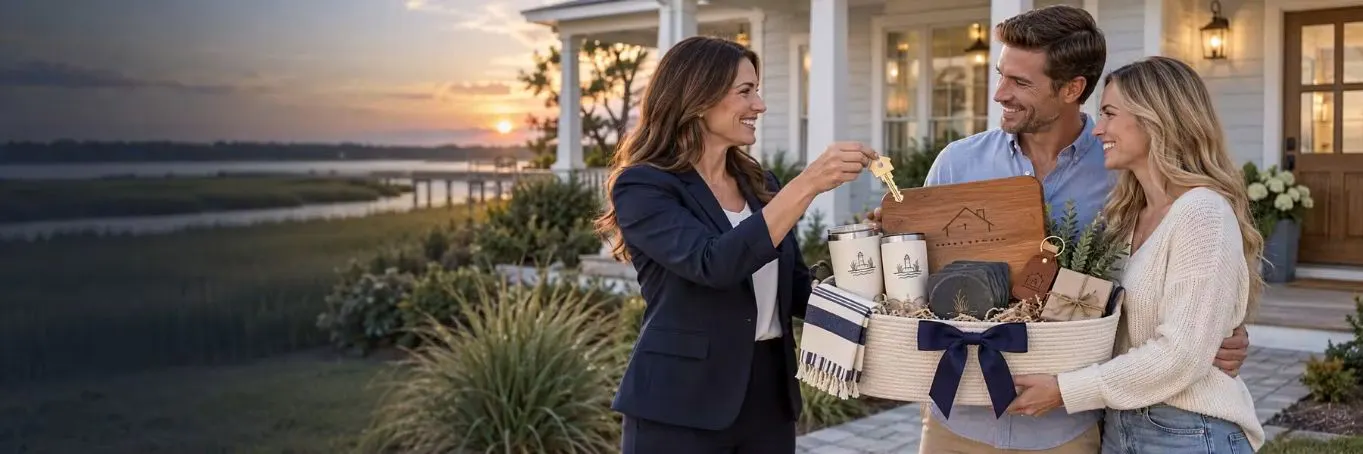 Realtor presenting new homeowners with keys and a custom coastal closinggift basket.