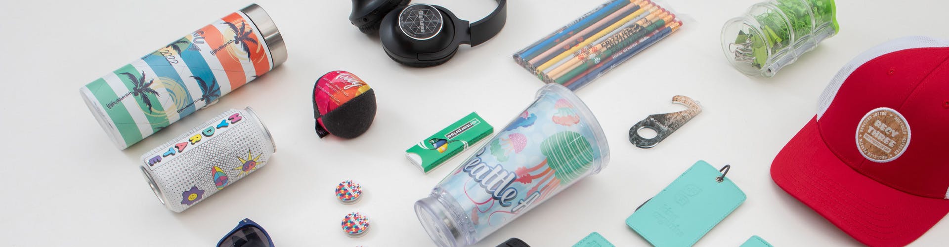 custom promotional products on a table shot from above