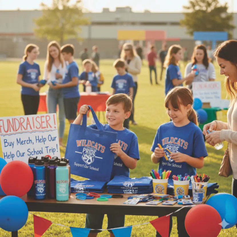 a young boy and girl at a fundraiser table selling water bottles and pens for their school