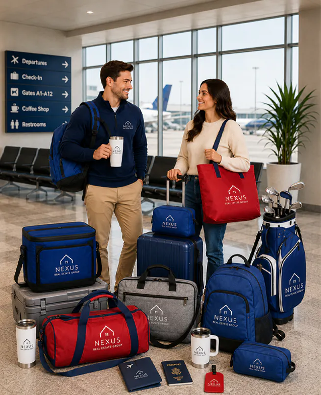 A variety of bags for travel backpacks duffel bags coolers lunch bags travel tags cups