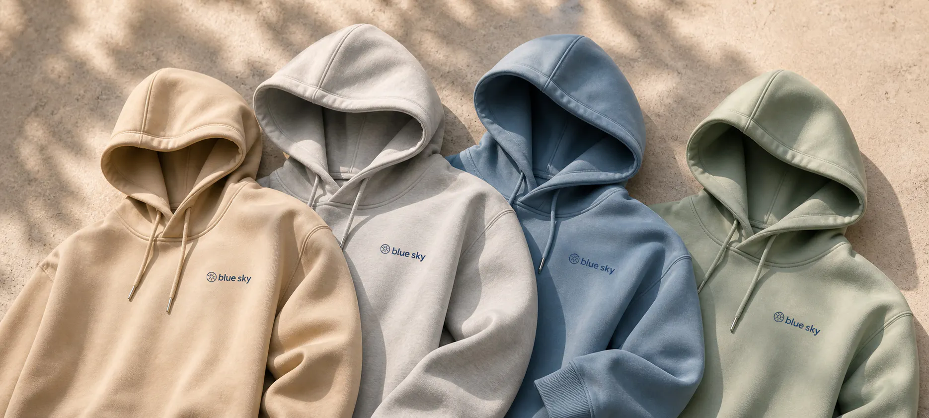 A row of branded sweatshirts in various colors on a neutral background