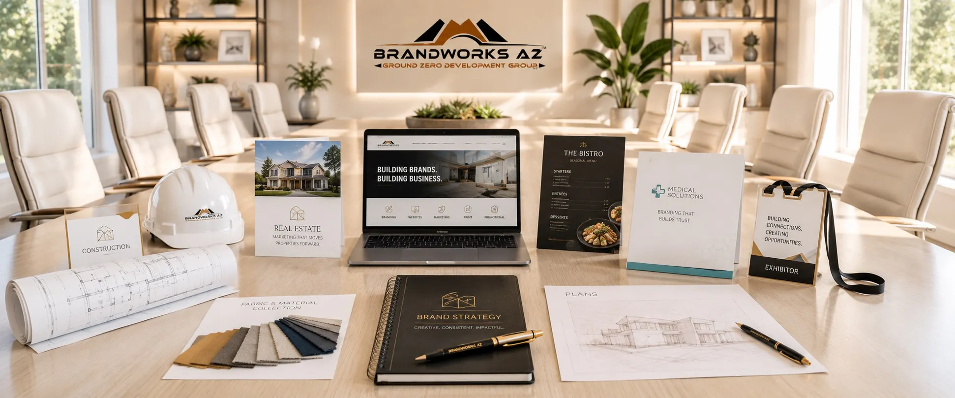 Creative strategy meeting featuring branding solutions for real estate, construction, healthcare, hospitality, and busin
