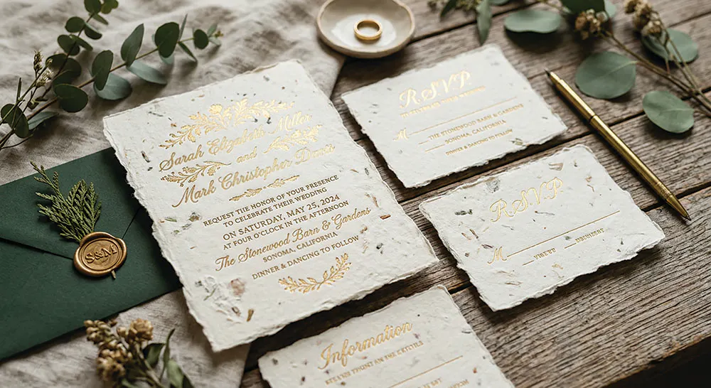 Firefly_Gemini Flash_image of homemade paper wedding invitations that are foil stamped 984783