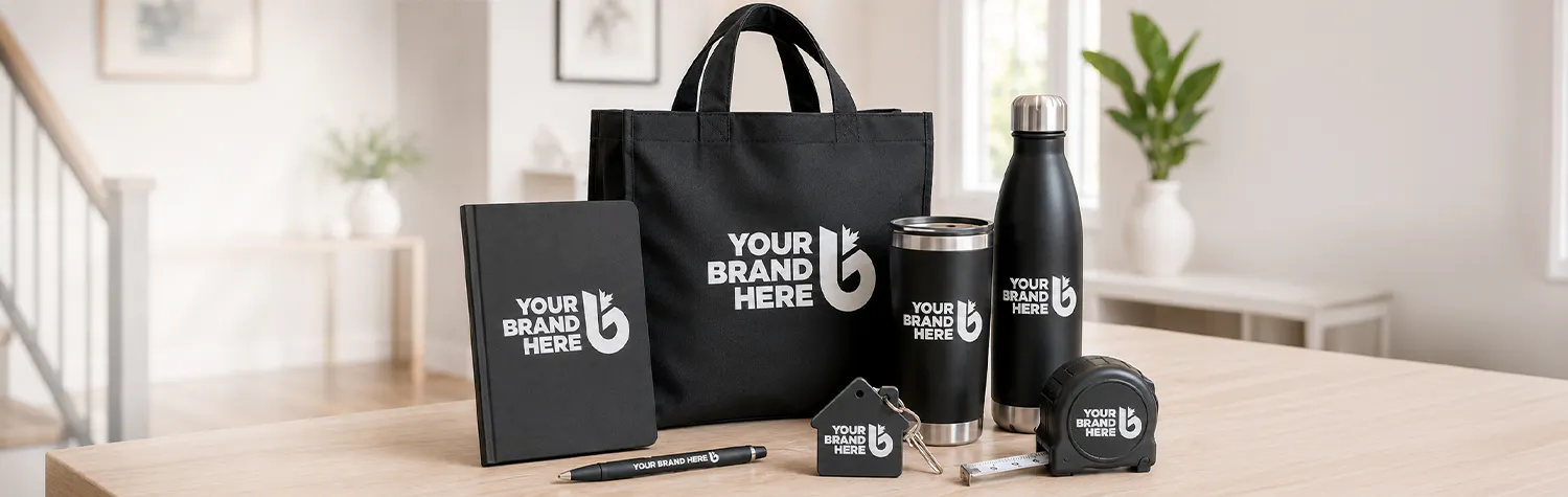 Custom Branded Realtor Branding Tools including keychains, tools, notebooks, travel mugs and more.