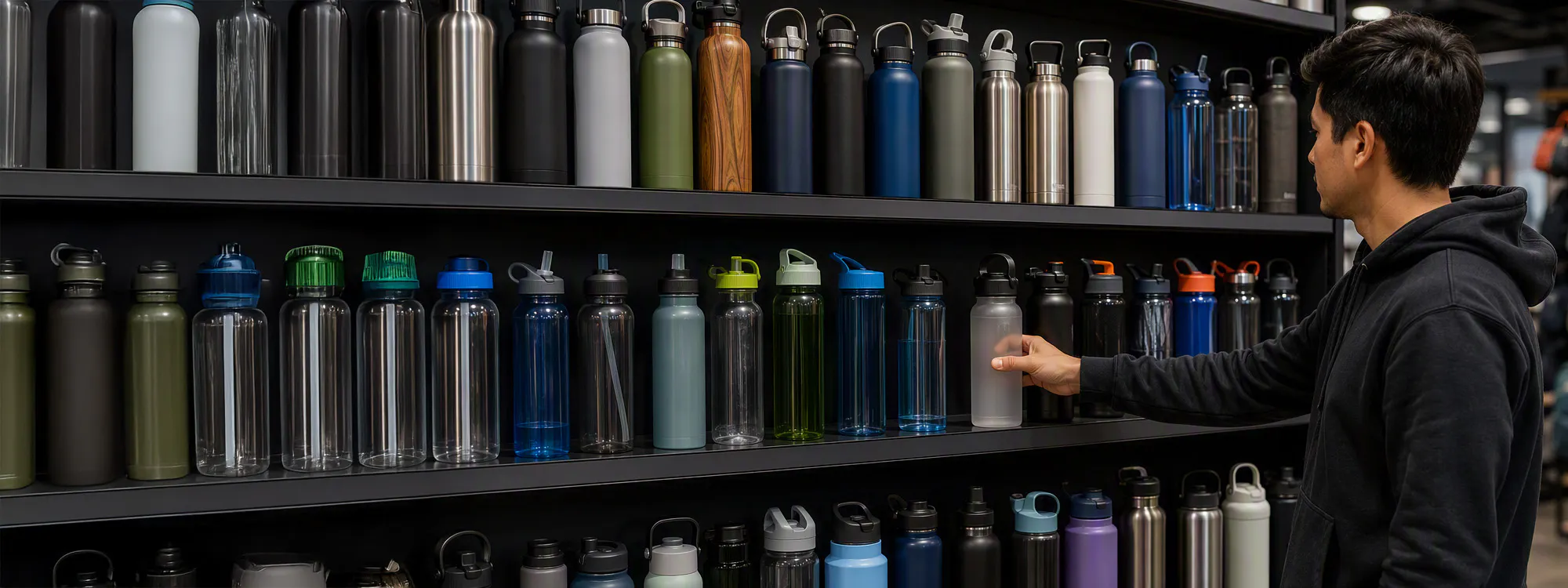 a man selecting a water bottle from a shelf of samples