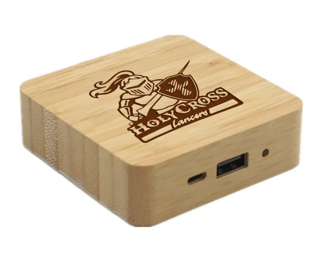 Power charger as wood block with laser etched logo