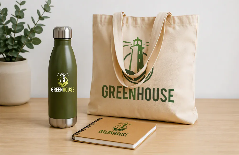 a selection of promotional products including a metal water bottle tote bag and notebook
