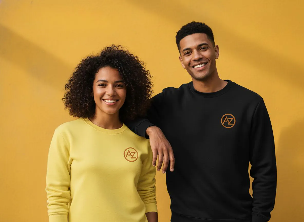 Two people wearing embroidered sweatshirts on a yellow background