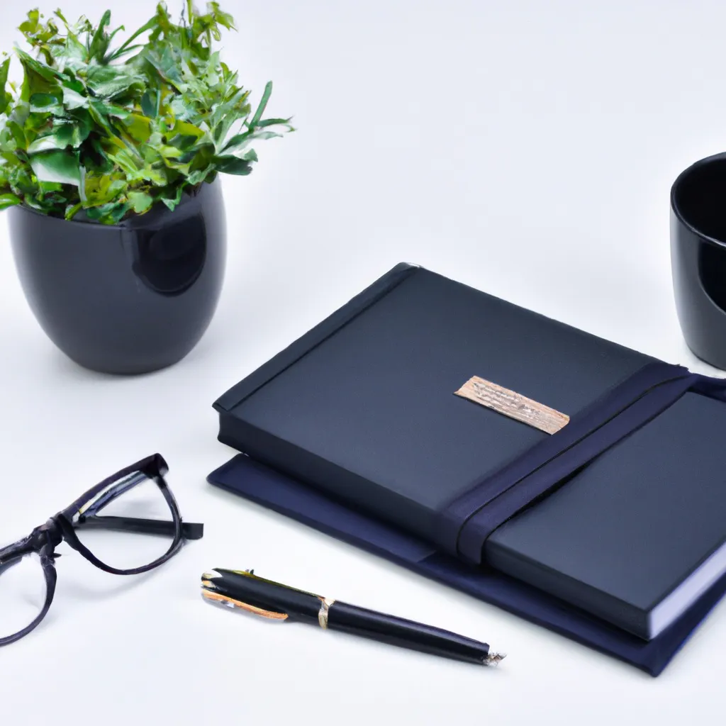 Navy Notebook set with pen and glasses