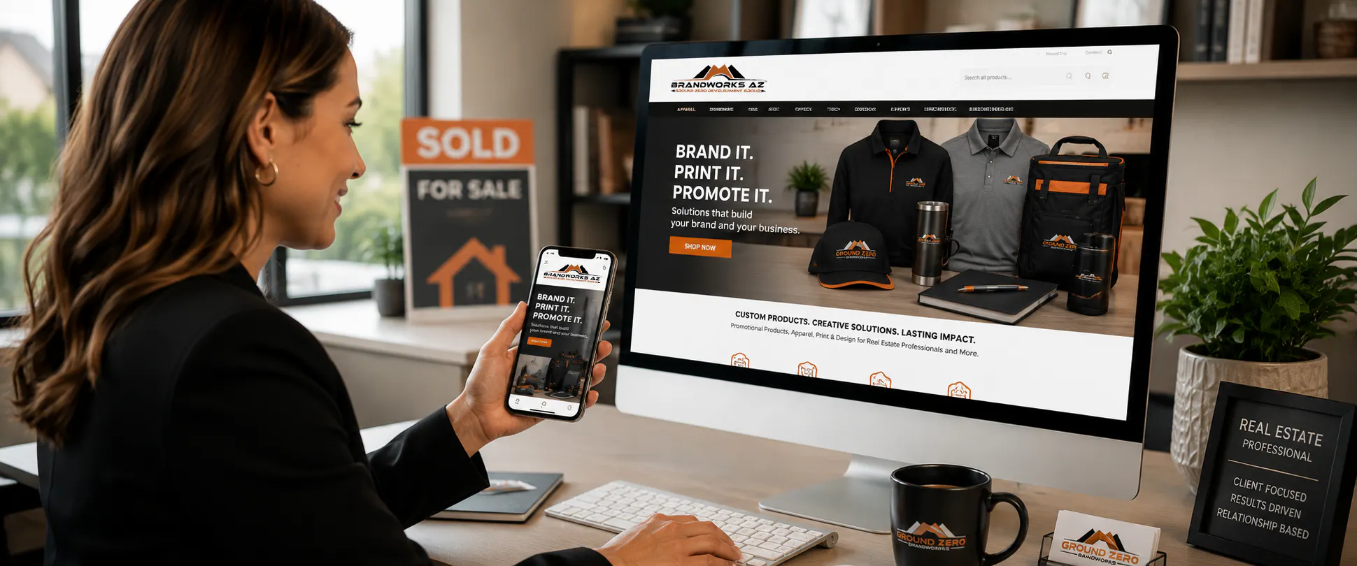 Realtor looking up Brandworks Az website to order branded promotional products and apparel to market her business.