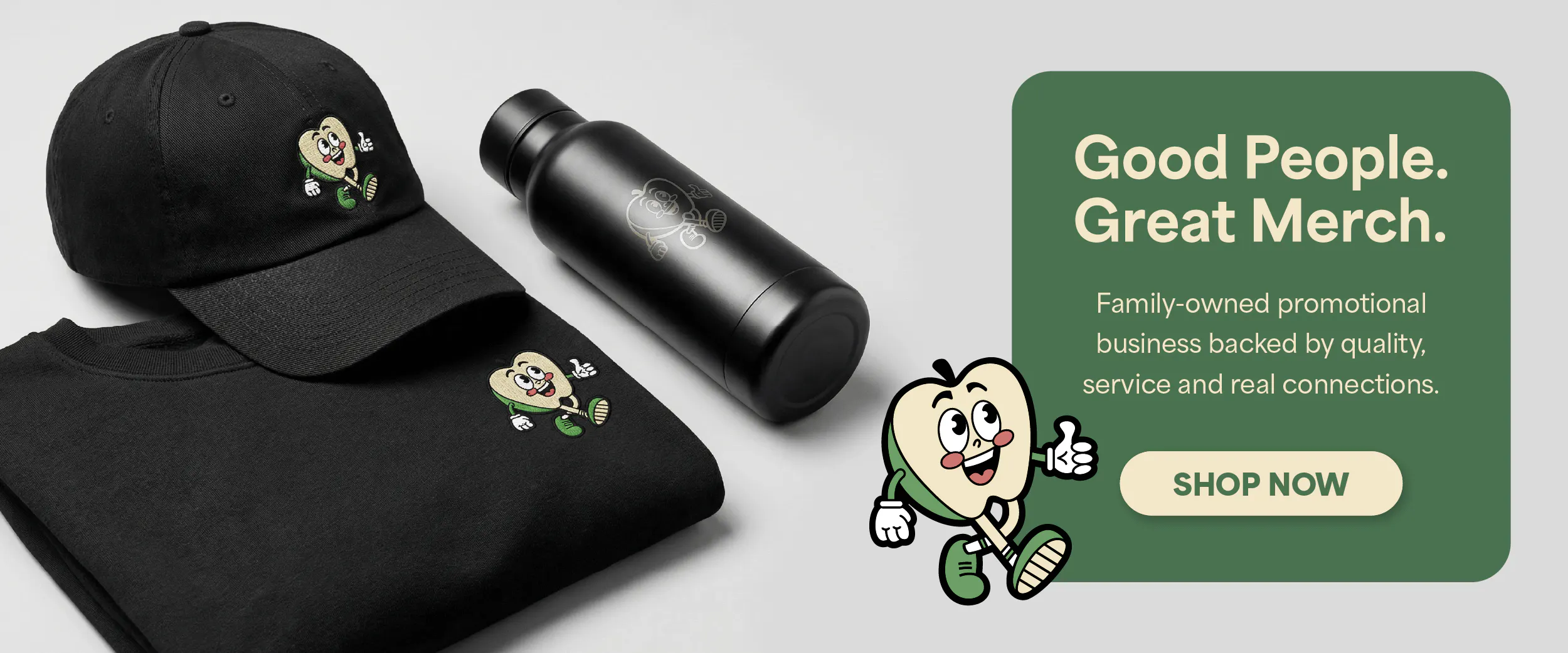 Green Apple Promo branded black apparel and water bottle product photography with promotional banner.