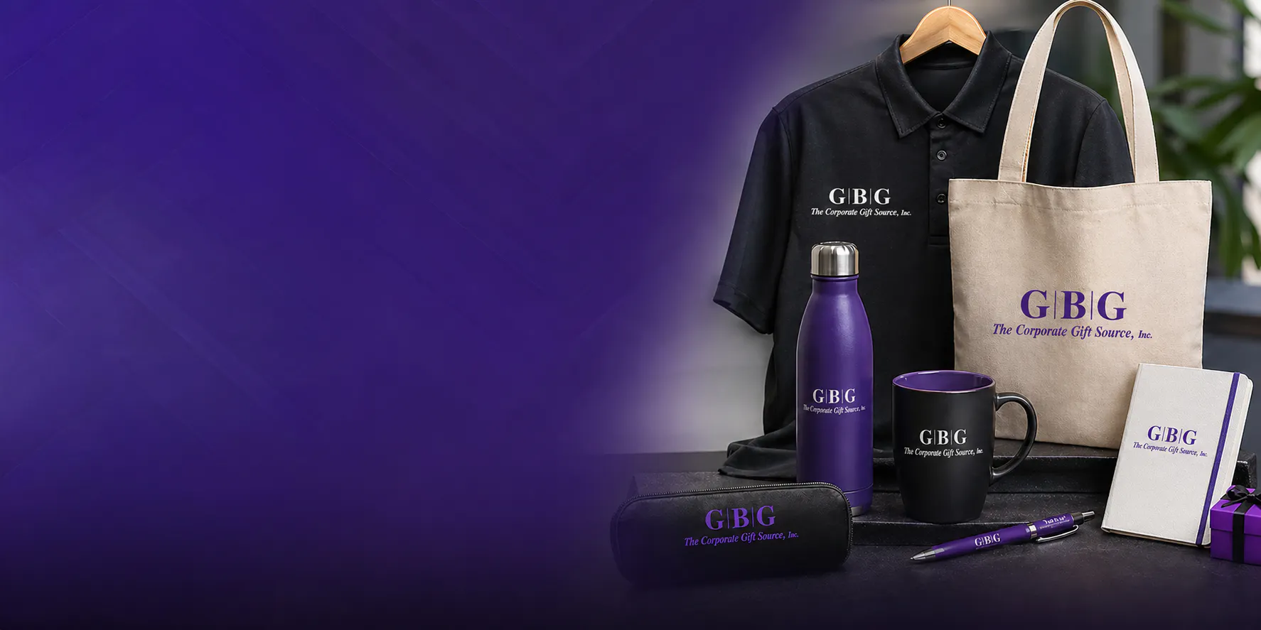 Promotional banner featuring a headline about branded merchandise and eStores, with a subheadline highlighting scalable 