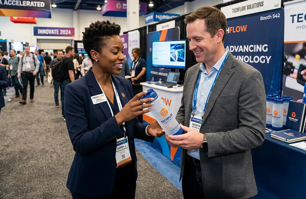 two people discussing water bottle at tradeshow