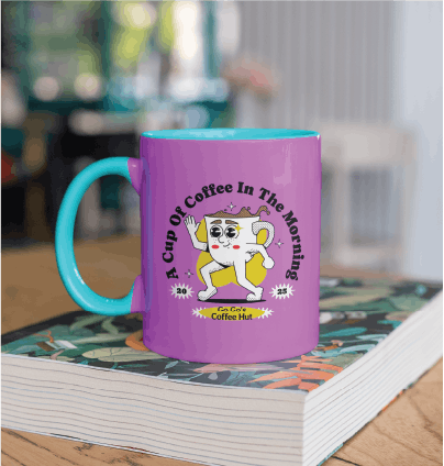 Fun bright colored coffee mug sitting on a book