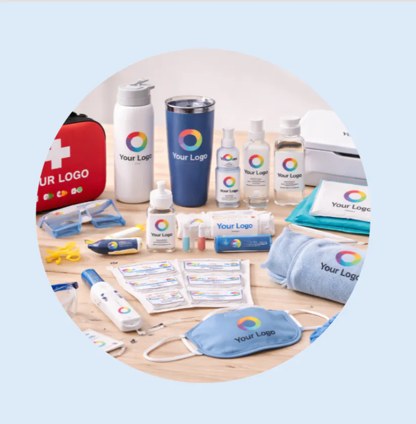 Branded safety and health products featuring a colorful circular logo