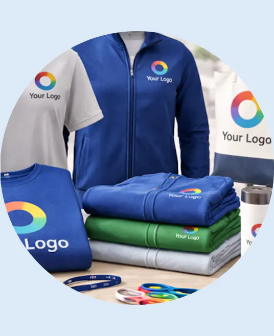 Branded promotional merchandise including apparel headwear bags and drinkware with a colorful logo