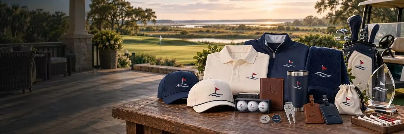 Custom golf apparel, awards, drinkware, accessories, and tournament gifts overlooking a coastal golf course.