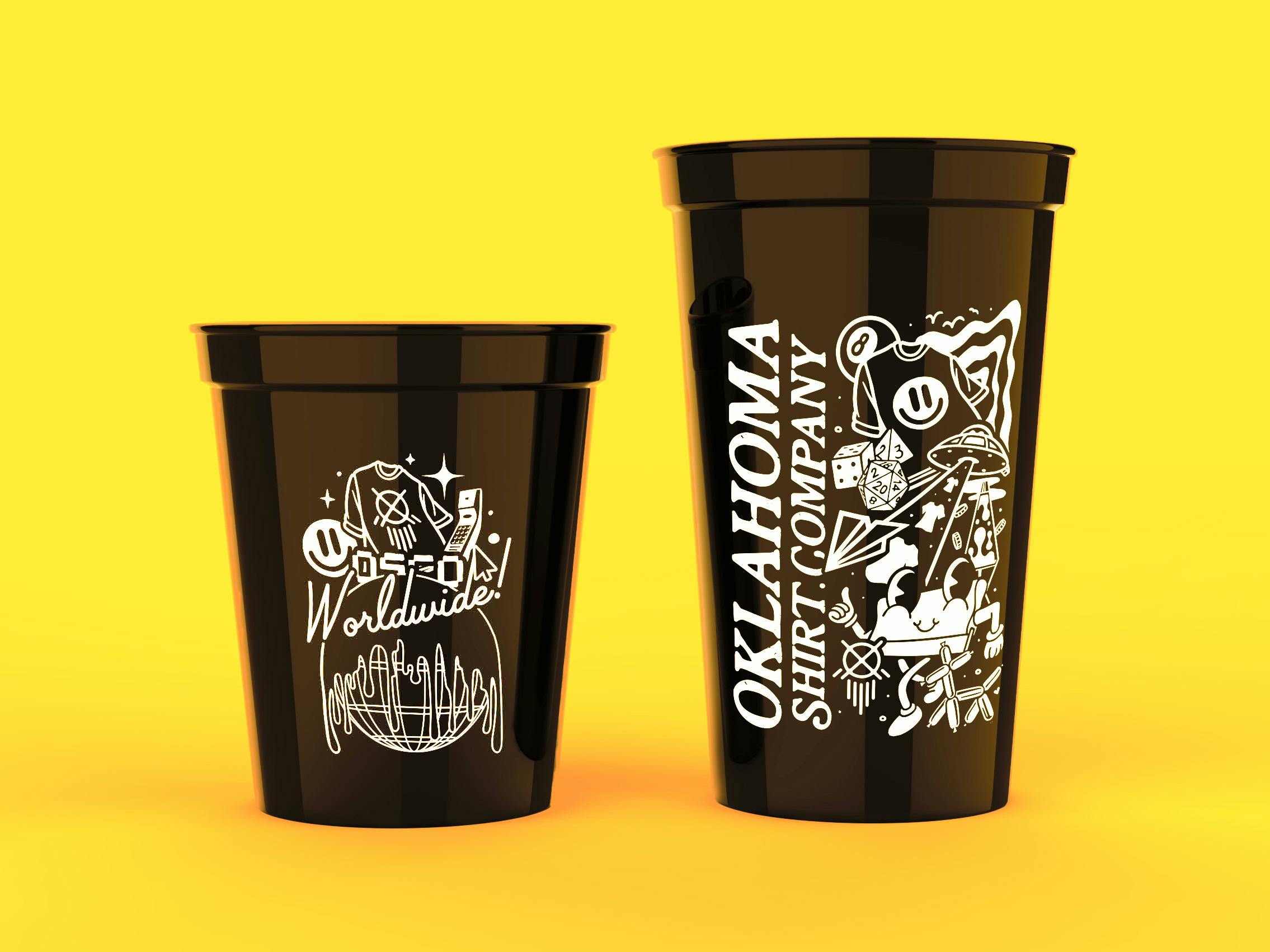 Two black plastic stadium cups with OSCO branding on each