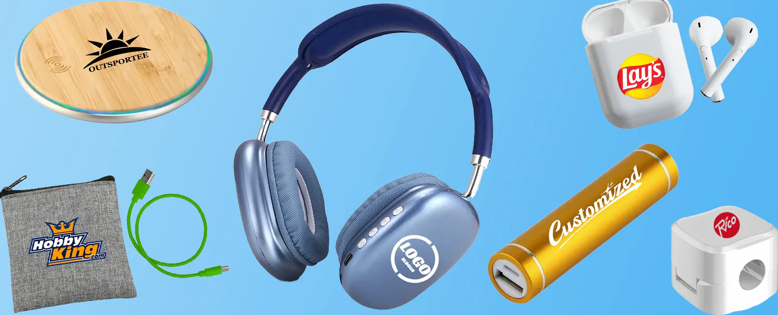 Flatlay of tech accessories from left to right circular charger cord bag headphones cylander powerba
