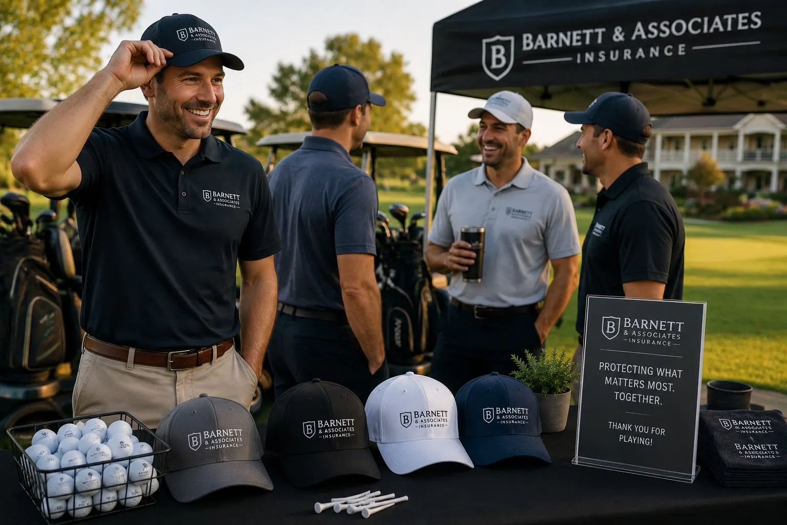 Custom branded baseball caps displayed at a corporate golf tournament and networking event