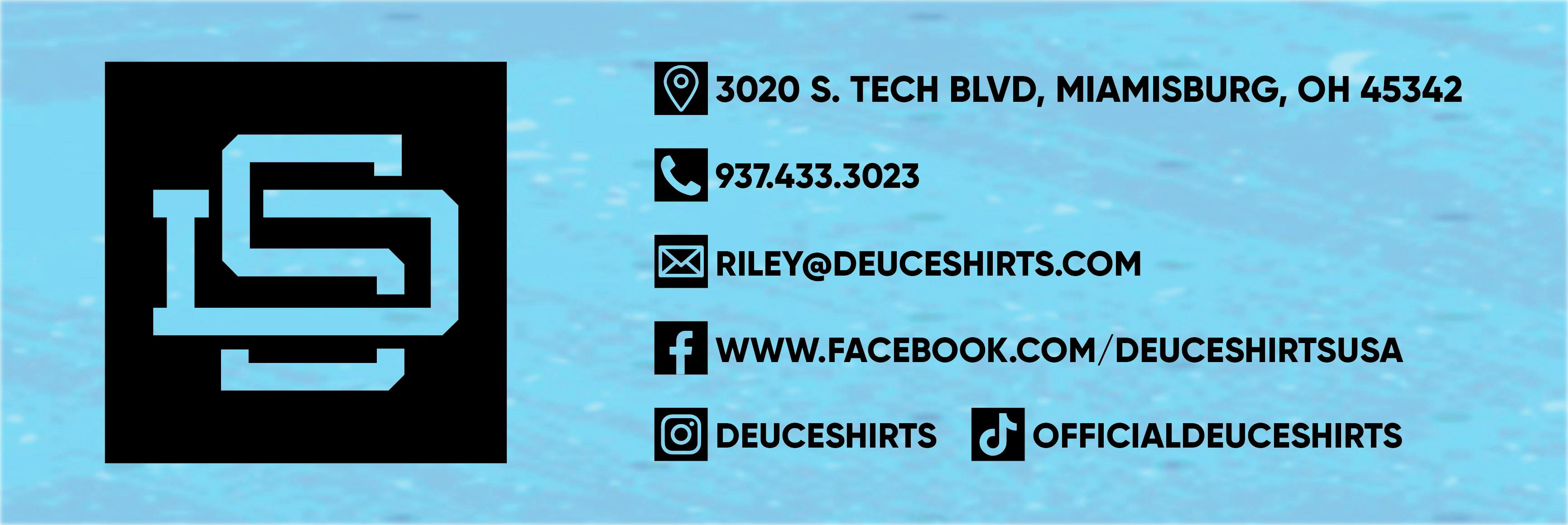 Deuce Shirts logo and contact info on blue background