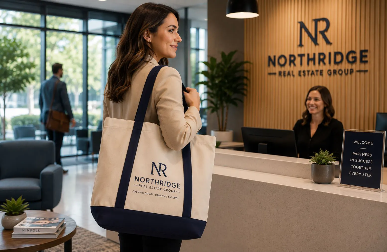 Professional carrying a custom branded tote bag in a modern office reception