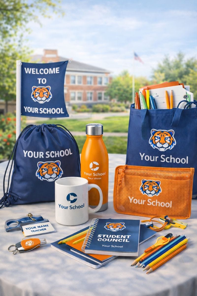 Branded school supplies and bags on a table outdoors with notebooks bottle mug and pencils