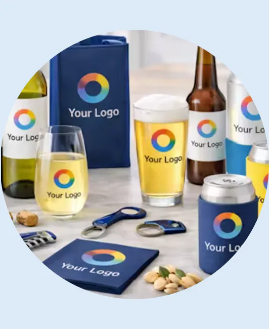 Branded barware and alcohol accessories featuring a colorful circular logo