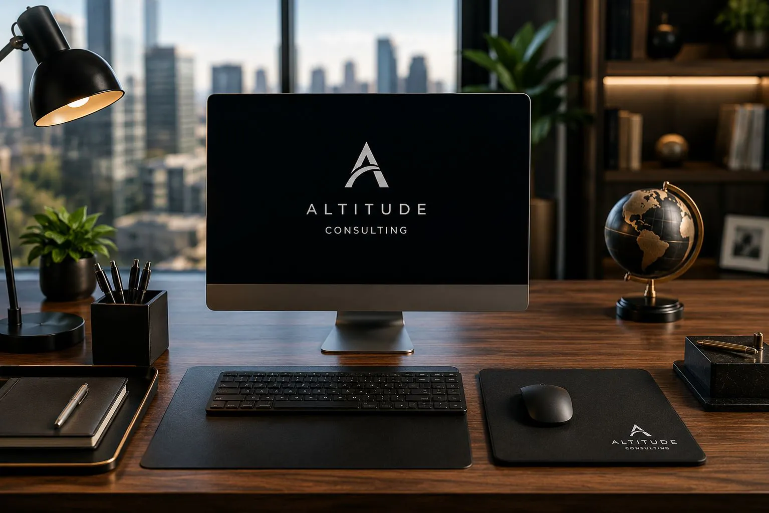Custom branded mouse pad on a modern executive desk with a professional workspace