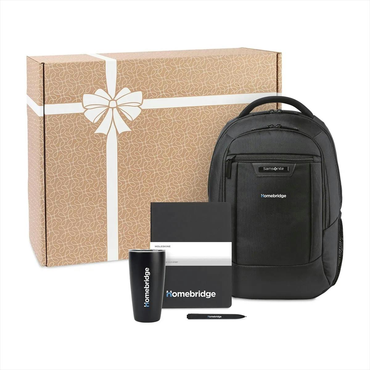 Black backpack notebook pen cup and gift box