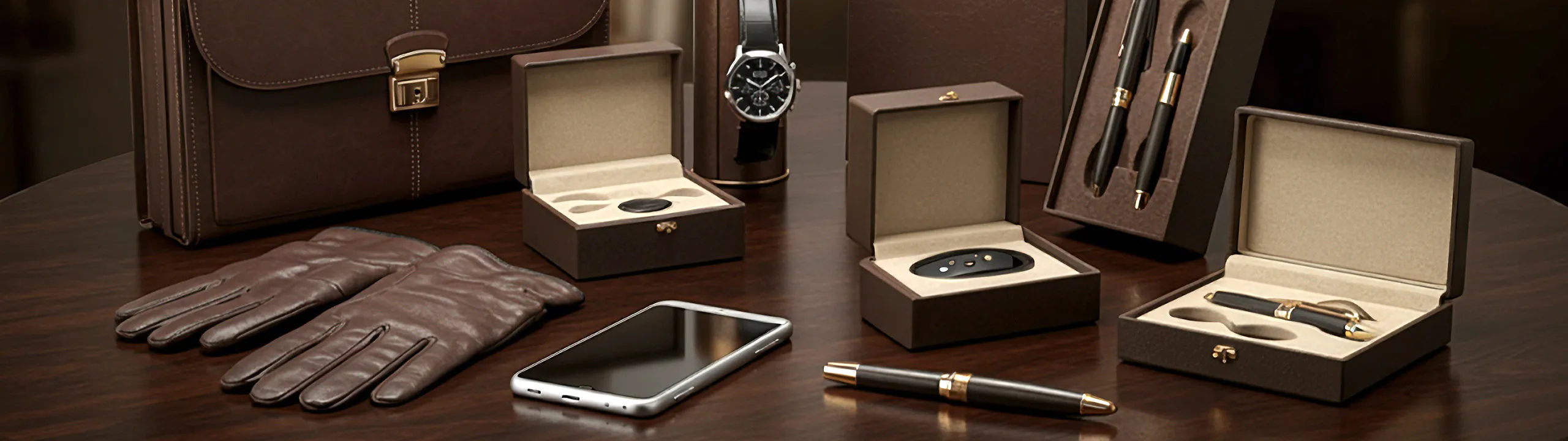 Collection of pens, watches, and leather gloves neatly arranged on a brown desk