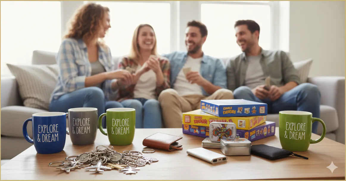 a group of friends sitting on a couch with a coffee table with coffee mugs and board games on it