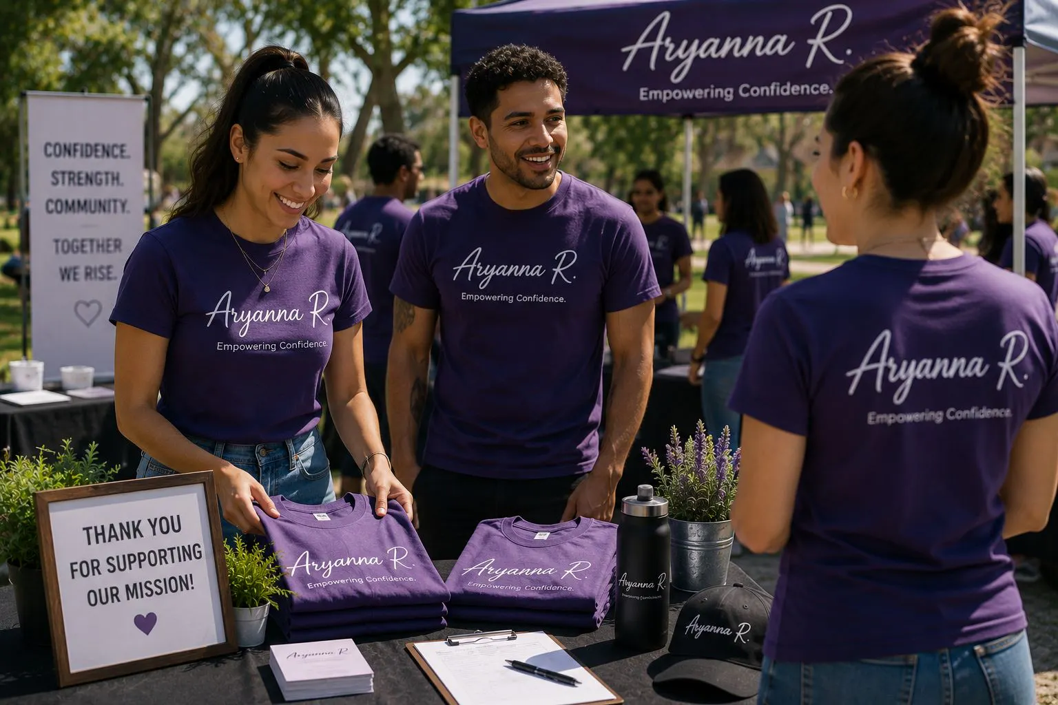 Custom branded Tshirts worn by volunteers at a community outreach and charity event