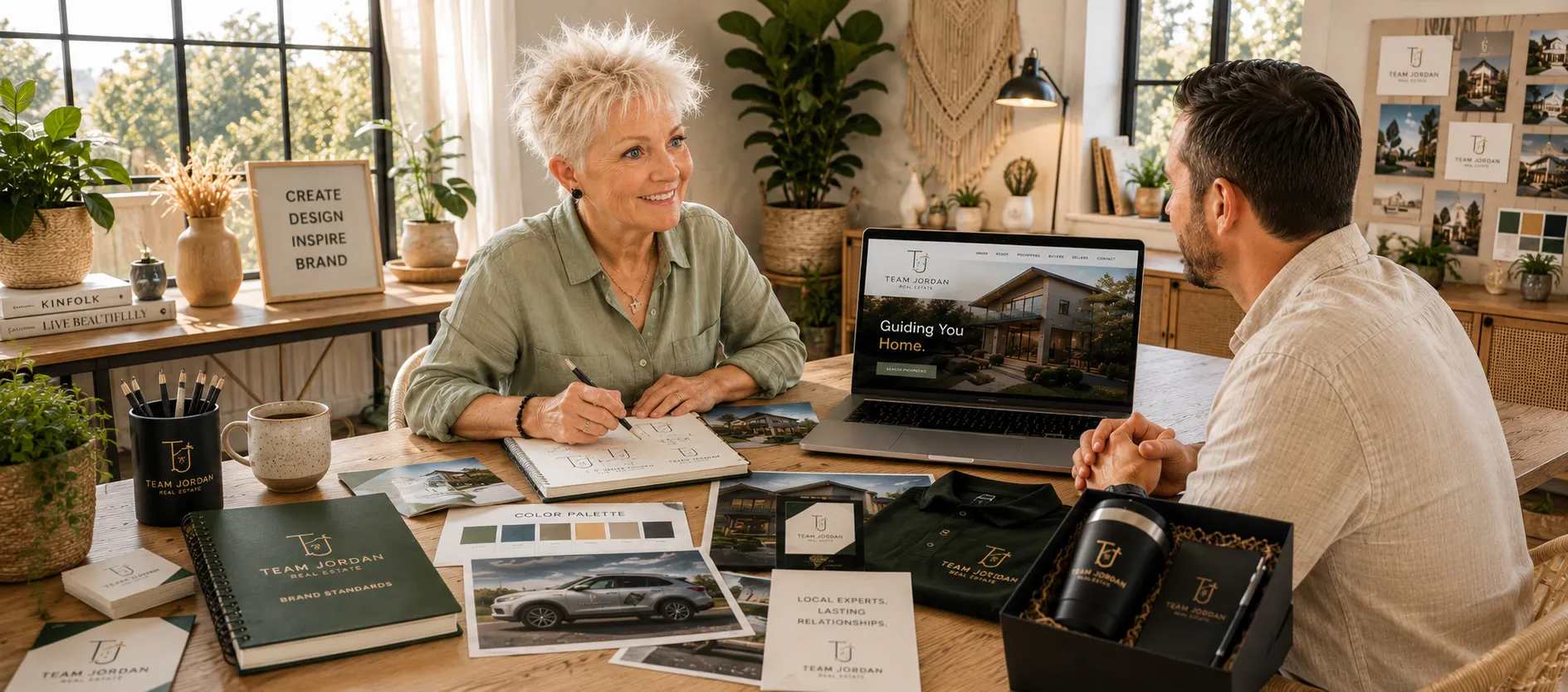 Ground Zero BrandWorks branding expert Jan meeting with a client to develop custom branded logo, products and materials.