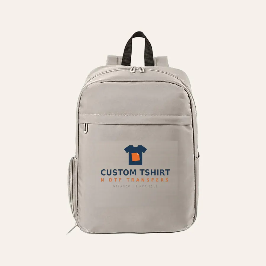 Backpack from our promotional products catalogue printed with our logo on the front pocket