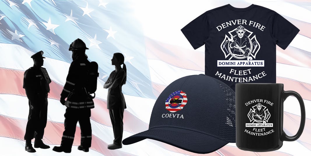 silhouette of first responders with branded hat mug and tshirt to the righ