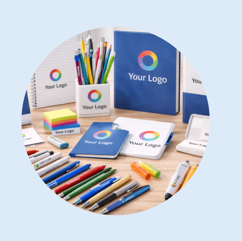 A wide variety of branded pens pencils and highlighters in multiple colors and all featuring logo