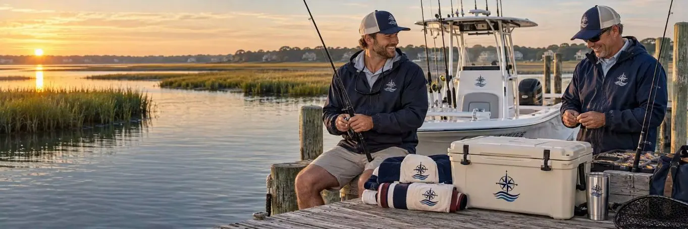 Two fishermen displaying custom coastal apparel, towels, coolers, and drinkware at a marina.