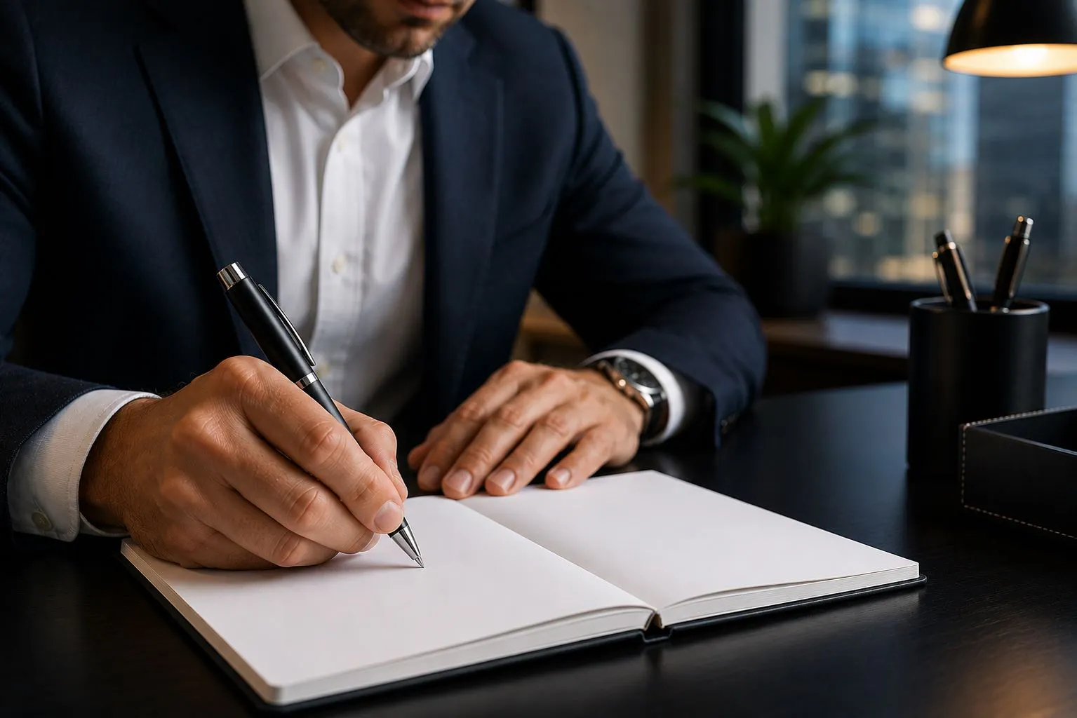 Professional writing with a custom branded pen in a modern executive office