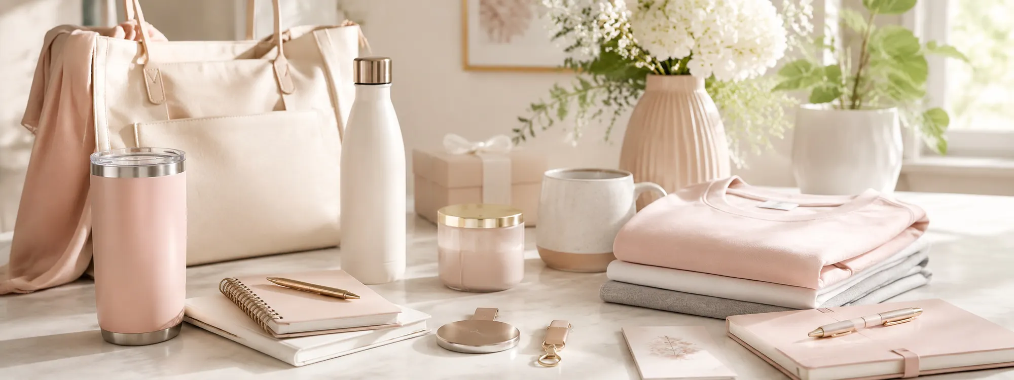 Branded merchandise including drinkware, notebooks, apparel, bags, and business gifts.