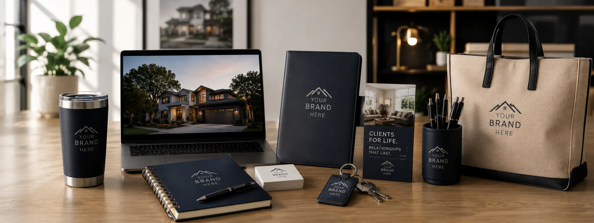Branded merchandise including drinkware, notebooks, pens, bags, and business accessories.