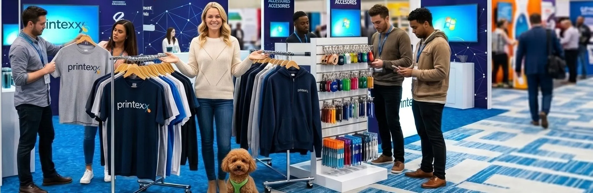 woman and poodle standing in booth surrounded by promo products at trade show