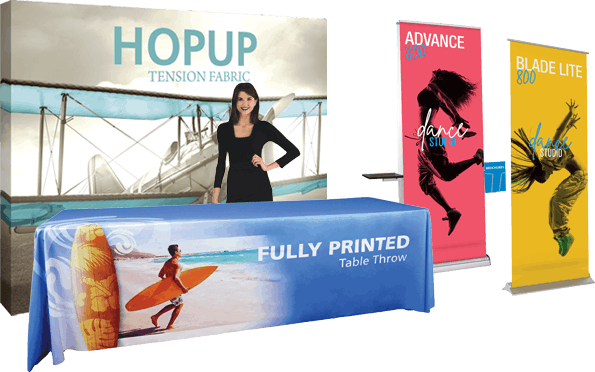 hop up banner table throw and mosquito banners in blue red and yellow