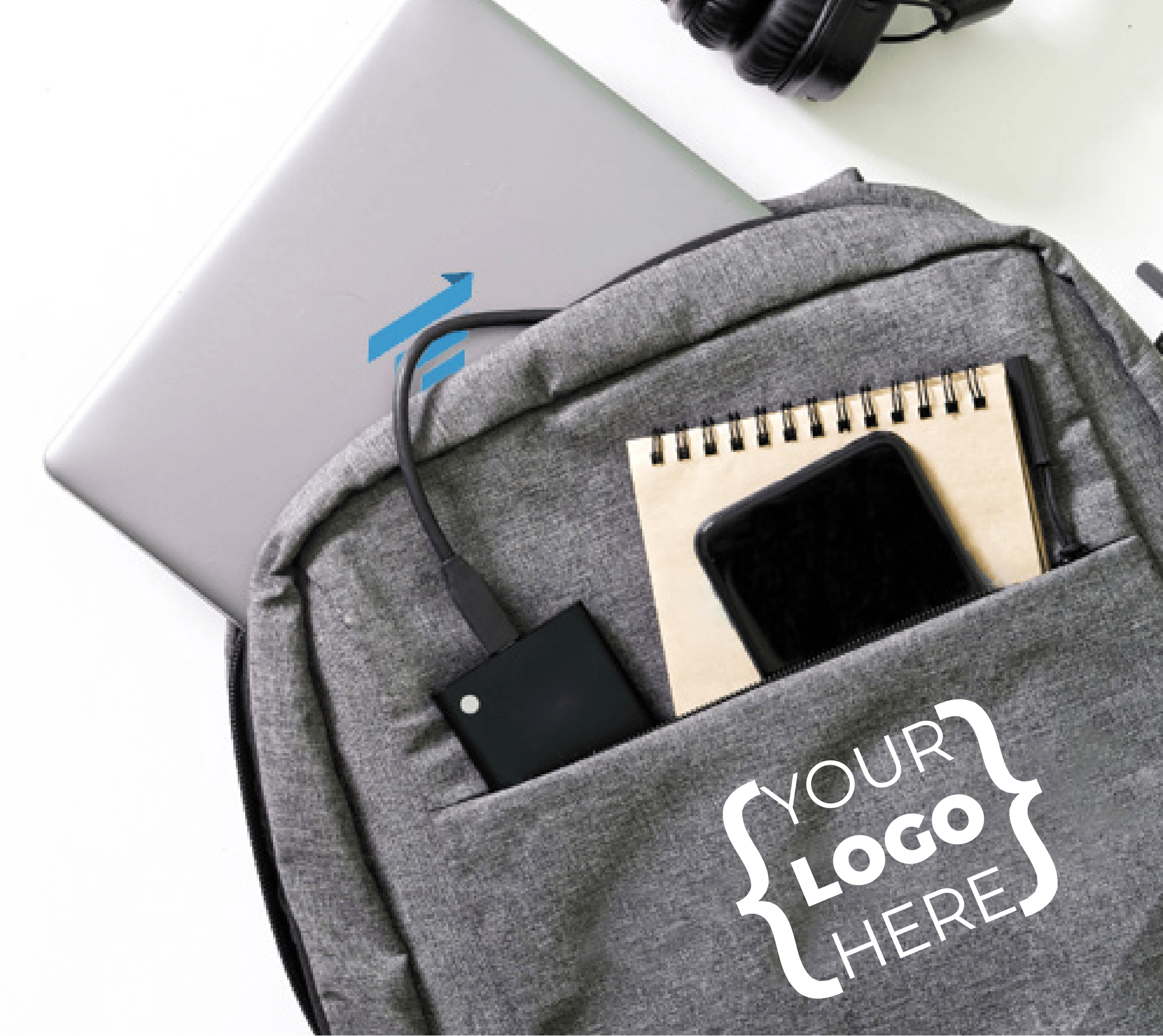 Backpack with a laptop power bank and notebook